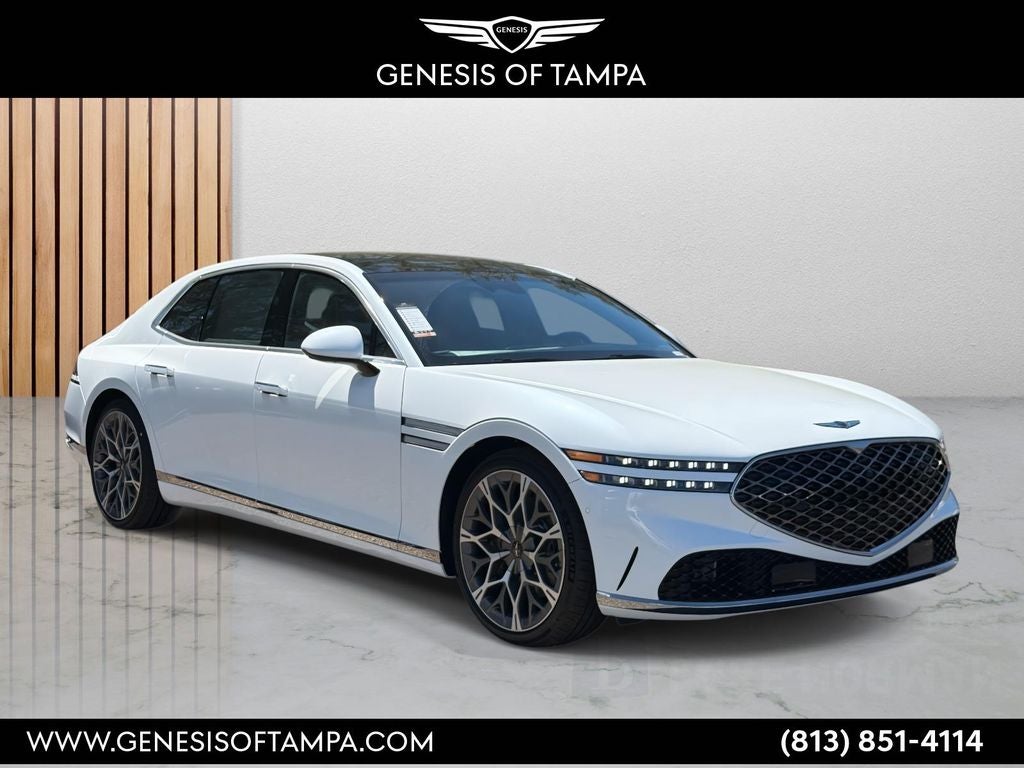 2026 Genesis G90 3.5T e-SC in Uyuni White — front three-quarter view