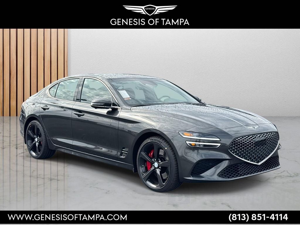 2026 Genesis G70 3.3T Sport Prestige in Makalu Gray — front three-quarter view