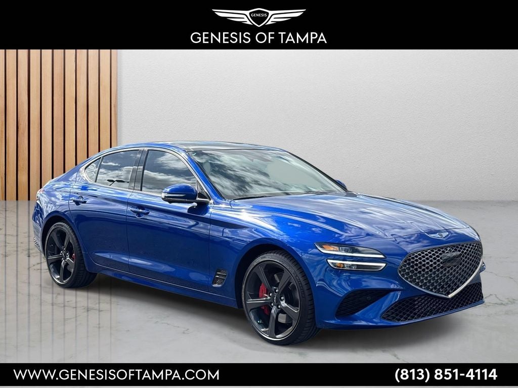 2026 Genesis G70 3.3T Sport Prestige in Kawah Blue — front three-quarter view