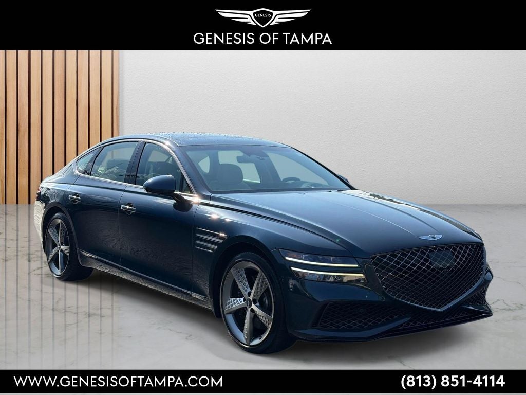 2024 Genesis G80 3.5T in Tasman Blue — front three-quarter view