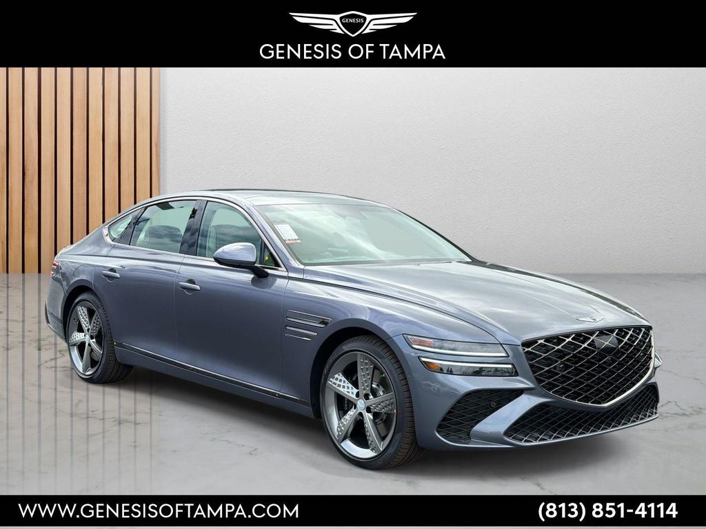 2026 Genesis G80 3.5T in Ceres Blue — front three-quarter view