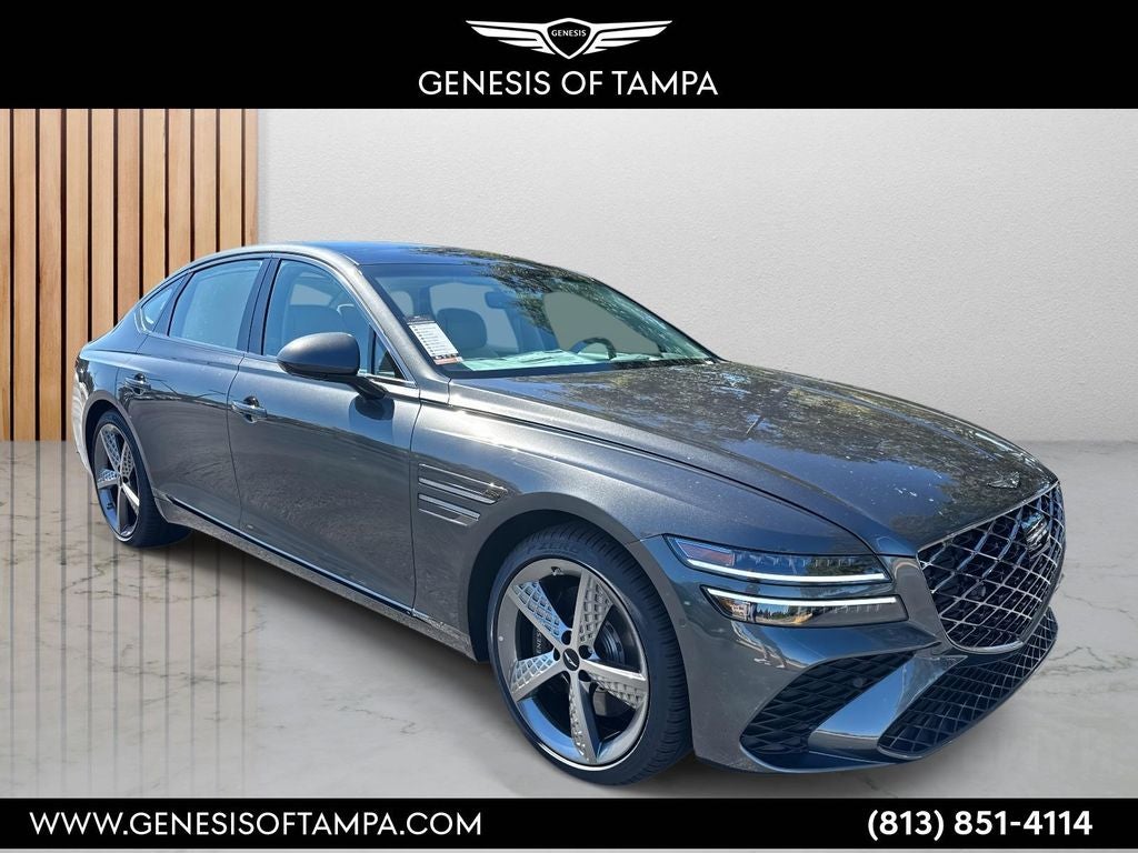2026 Genesis G80 3.5T in Makalu Gray — front three-quarter view