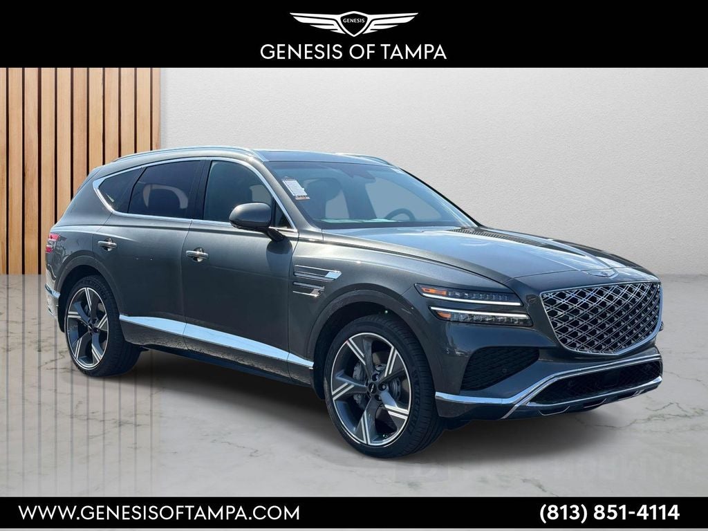 2026 Genesis GV80 3.5T Prestige in Makalu Gray — front three-quarter view
