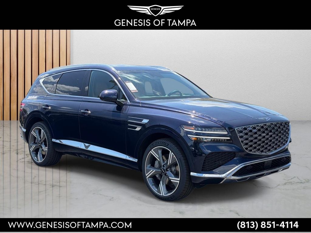 2026 Genesis GV80 3.5T Prestige in Capri Blue — front three-quarter view